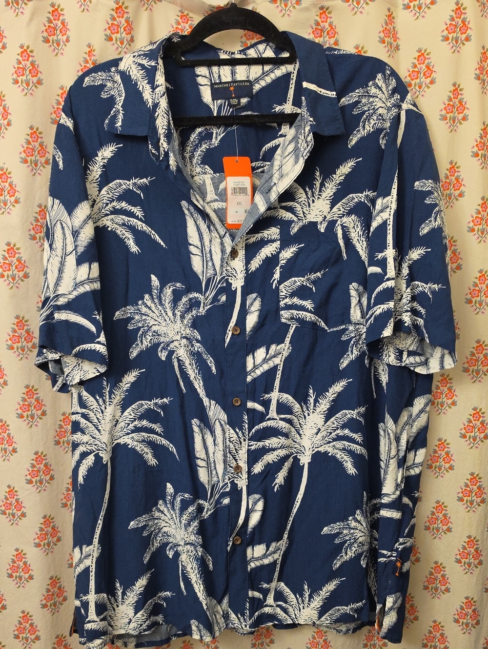 Margaritaville Blue and White Palm Print Short Sleeve Button-Down Shirt